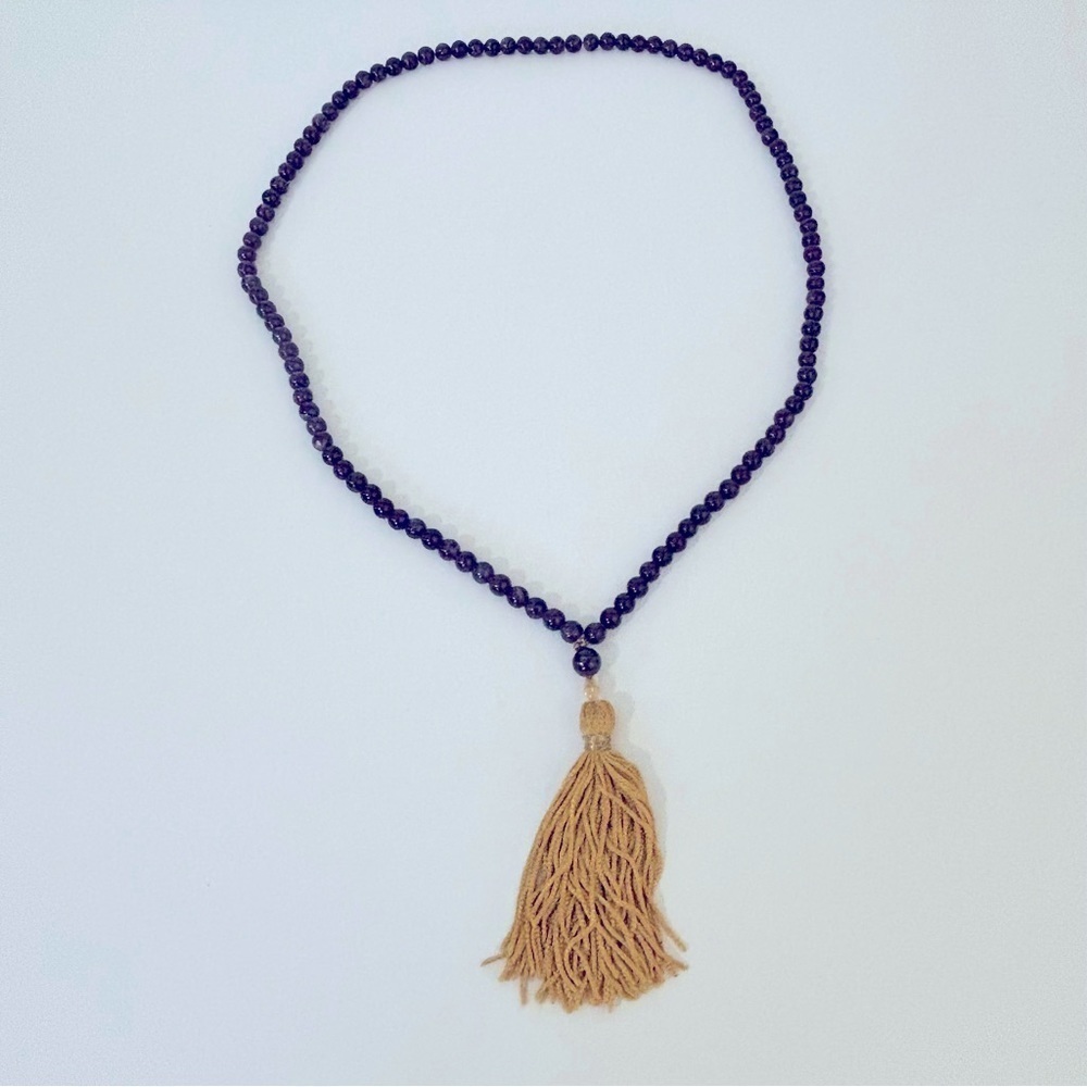 Vintage long heavy flapper style beaded amethyst and silk tassel necklace